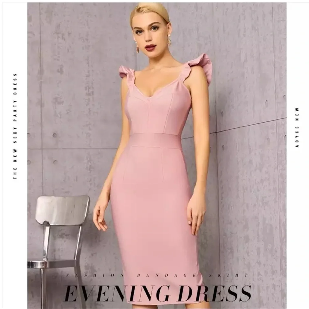 Pink Bodycon Bandage Dress For Summer Sexy Ruffles Sleeveless Midi v neck Size M